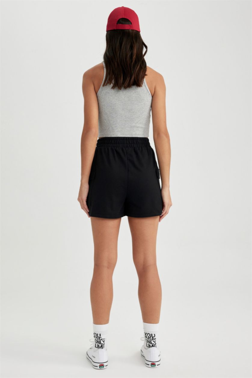 WOMAN Black Regular Fit Thin Sweatshirt Fabric Regular Hem Shorts