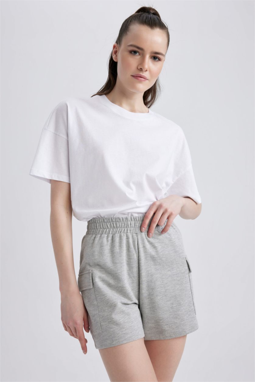 حريمي ميلانج رمادي شورت قصة عادية بجيب