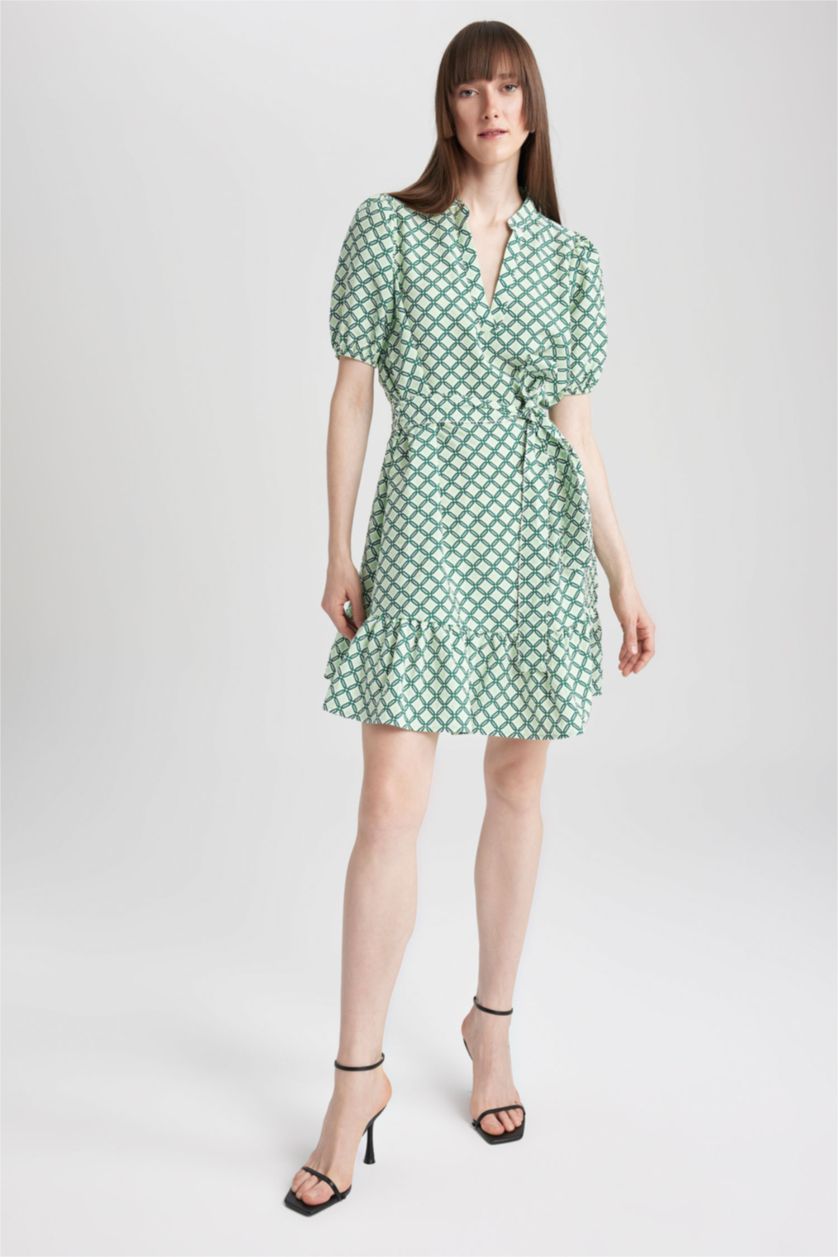 WOMAN Green Ethnic Patterned Aerobin Mini Short Sleeve Dress