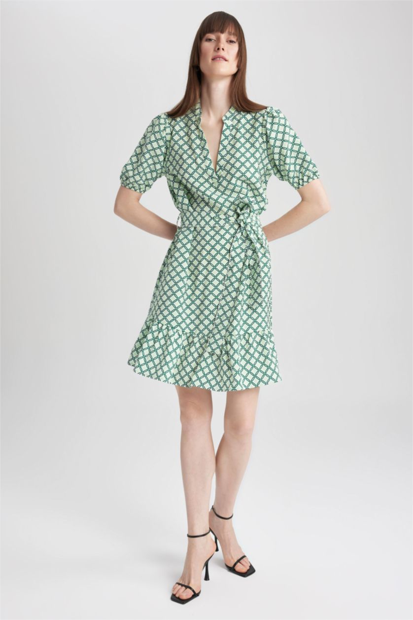 WOMAN Green Ethnic Patterned Aerobin Mini Short Sleeve Dress