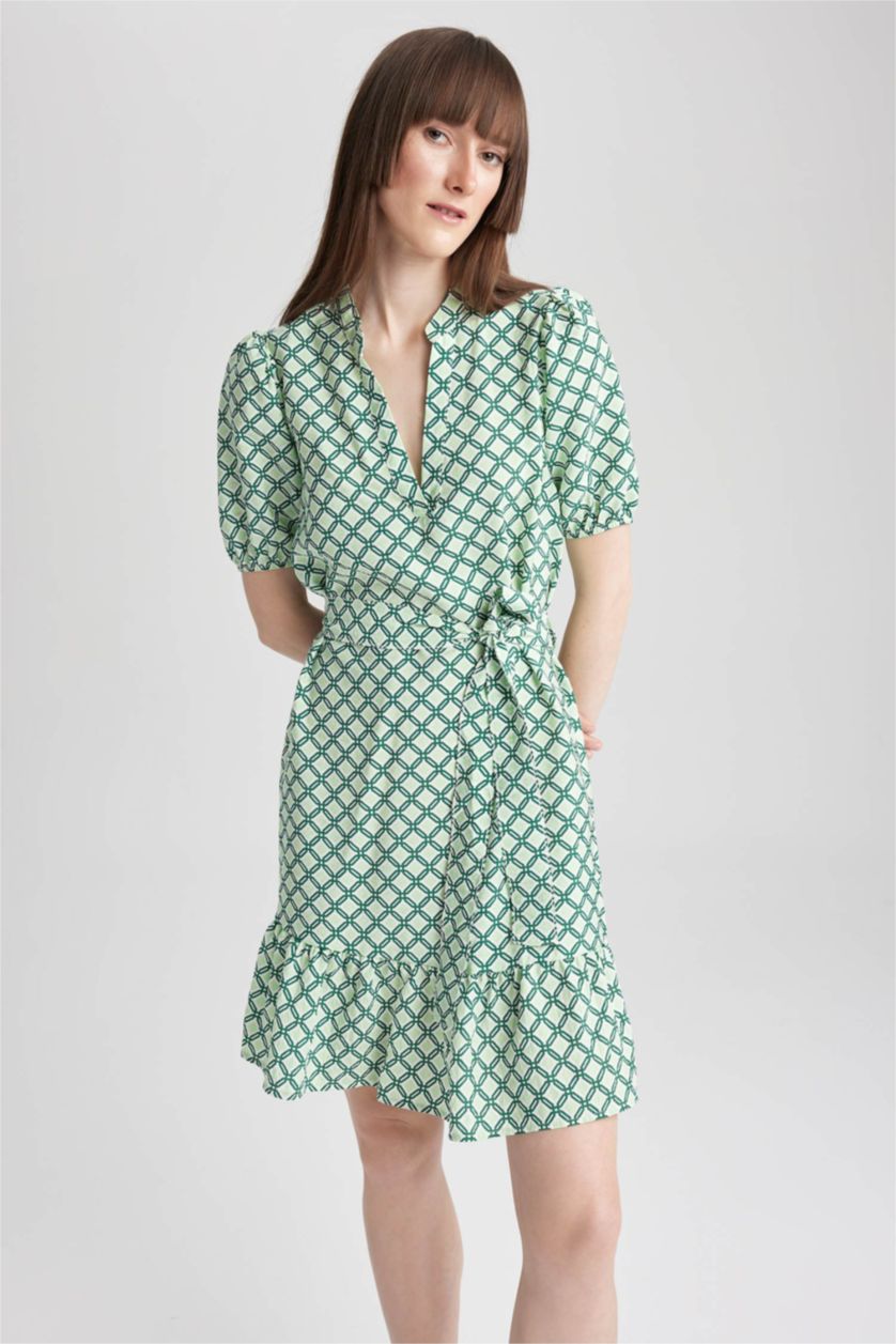 WOMAN Green Ethnic Patterned Aerobin Mini Short Sleeve Dress