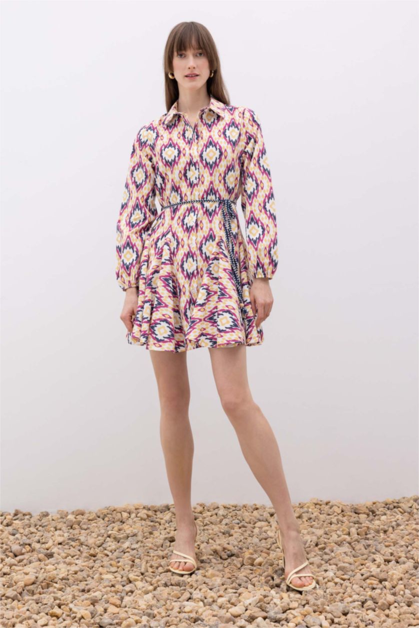 حريمي زهري فستان قصير مطبوع بوبلين برقبة قميص