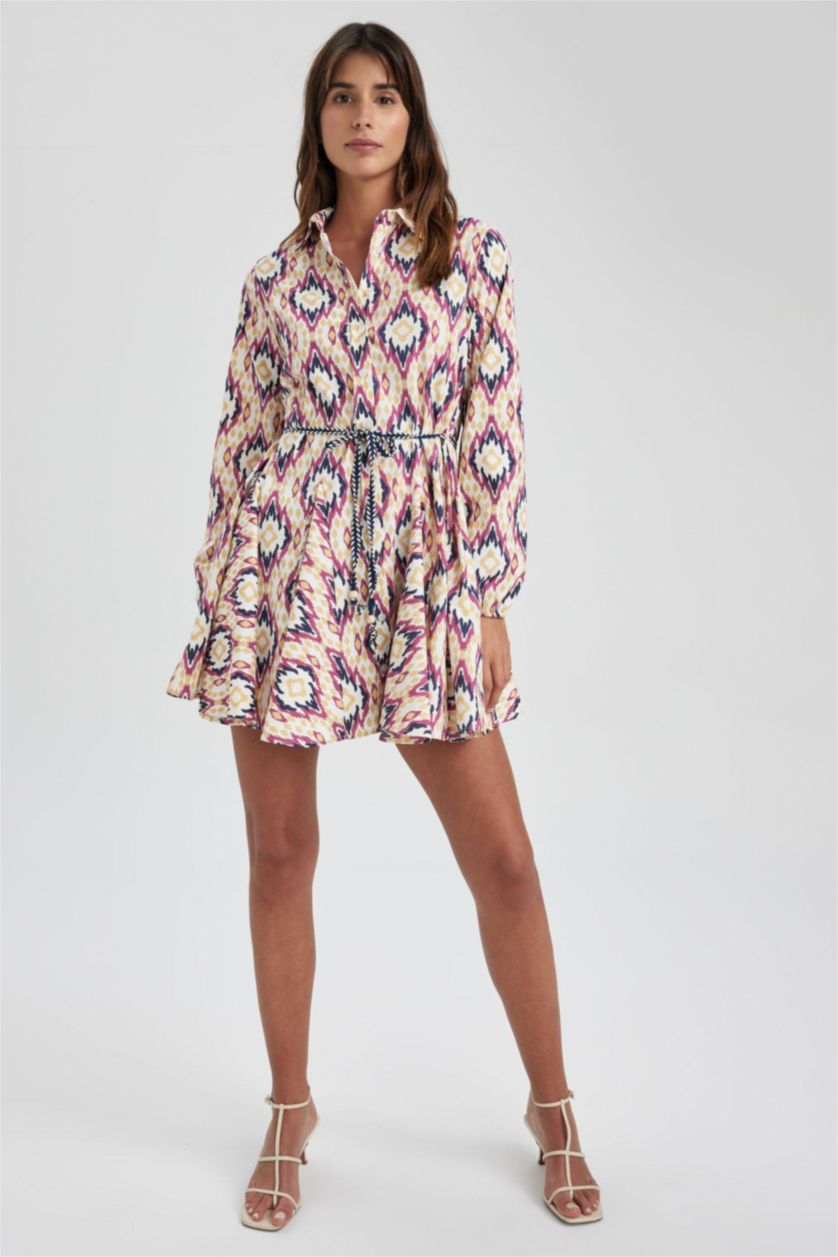 حريمي زهري فستان قصير مطبوع بوبلين برقبة قميص