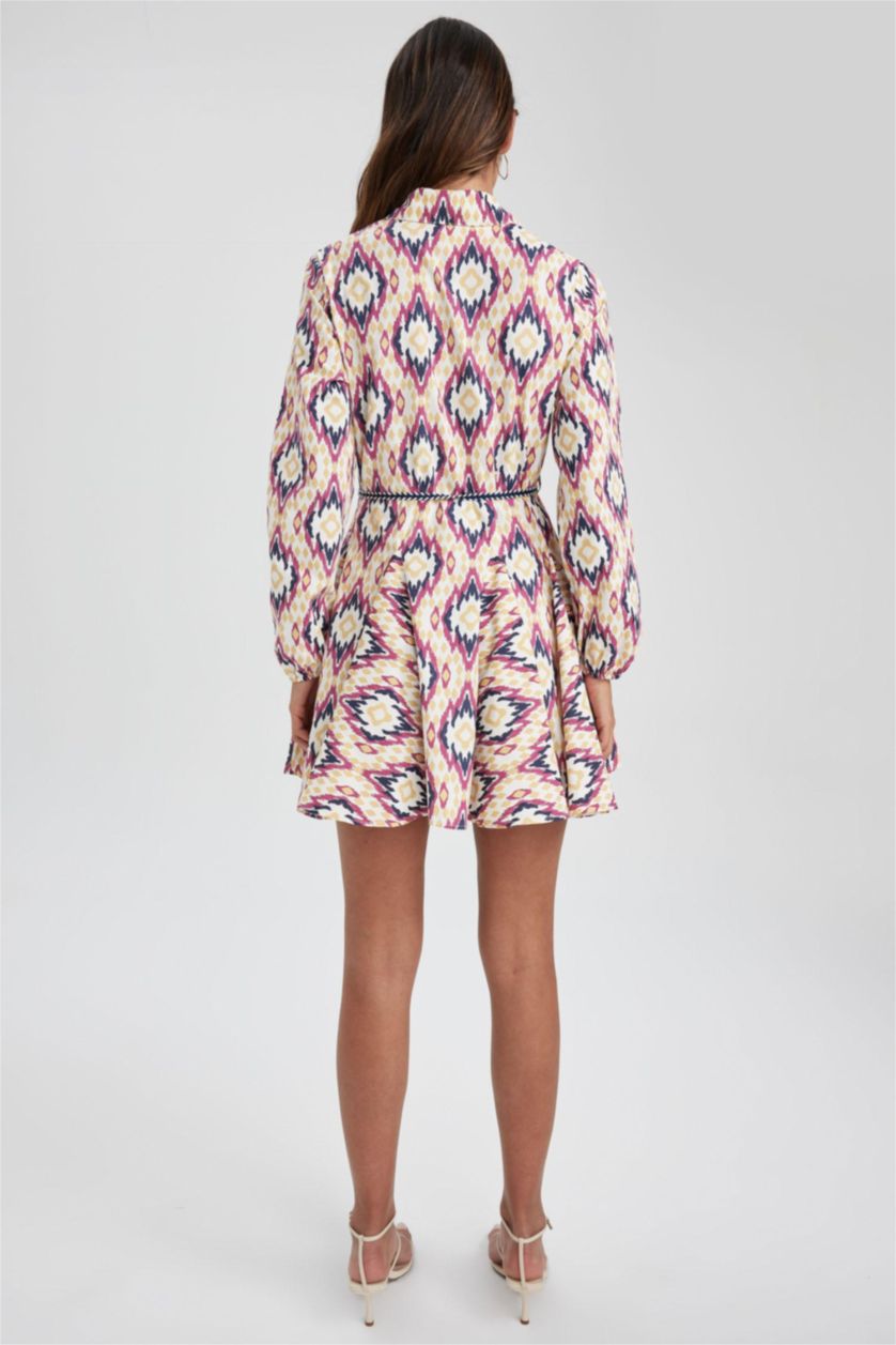 حريمي زهري فستان قصير مطبوع بوبلين برقبة قميص