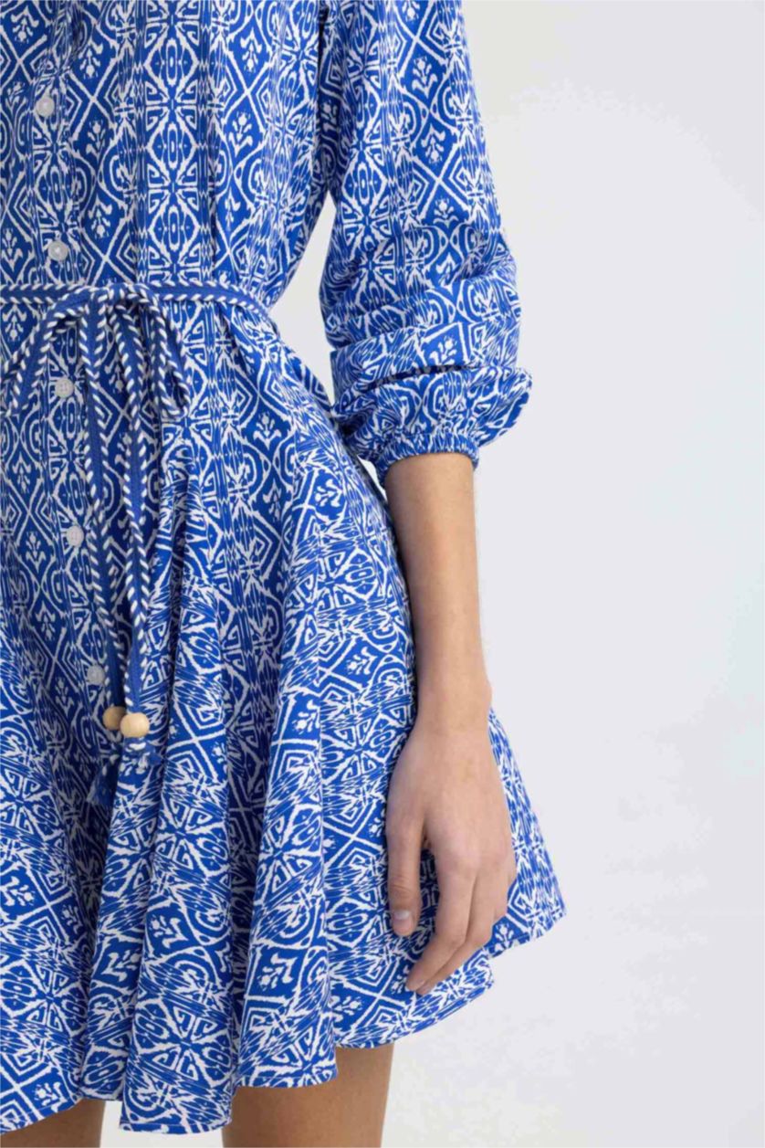 نساء أزرق فاقع فستان قصير كم طويل مطبوع برقبة قميص