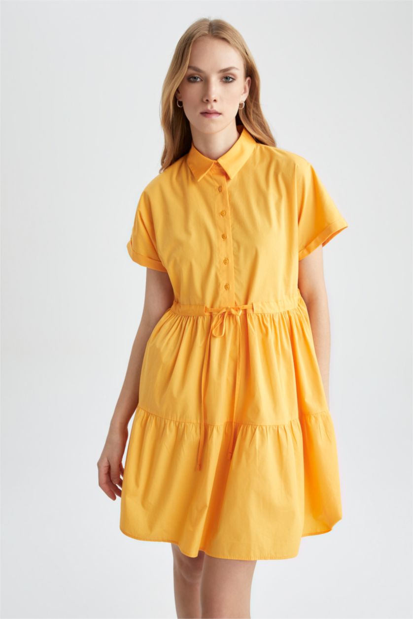 FEMME Jaune Mini Robe en popeline à manches courtes et col chemise