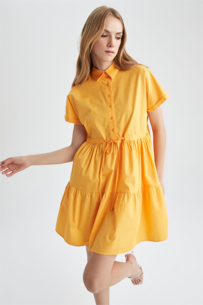 FEMME Jaune Mini Robe en popeline à manches courtes et col chemise