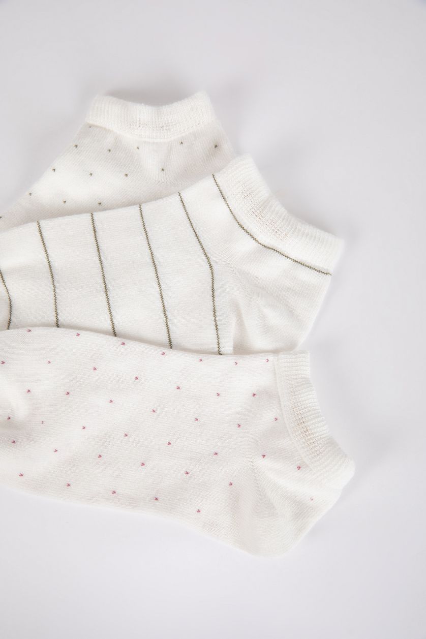 Kadın Beyaz Kadın 3'lü Pamuklu Puantiyeli ve Çizgili Patik Çorap