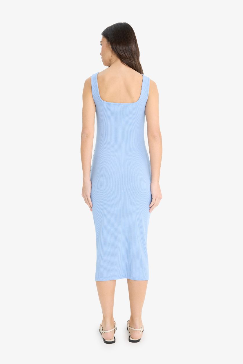 Kadın Mavi Bodycon Vücudu Saran Kare Yaka Fitilli Kaşkorse Askılı Midi Yazlık Elbise