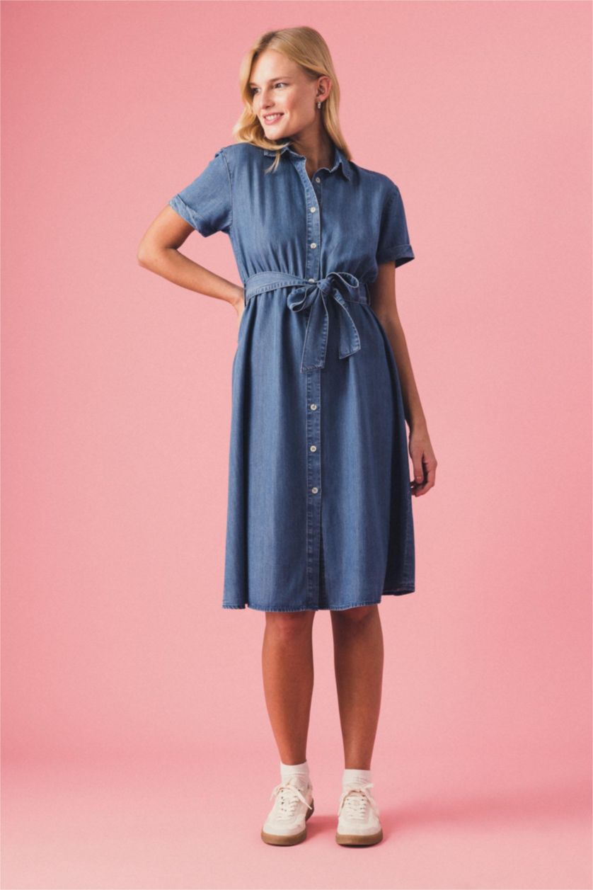 Kadın Mavi Gömlek Yaka Kuşaklı Midi Kısa Kollu Jean Elbise