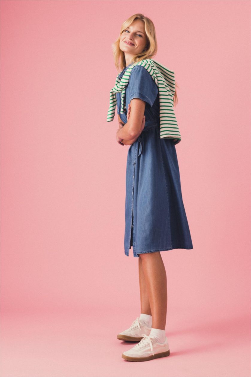 Kadın Mavi Gömlek Yaka Kuşaklı Midi Kısa Kollu Jean Elbise