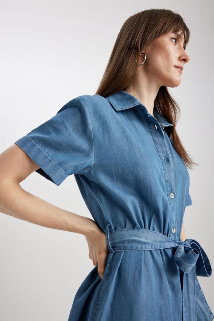 Kadın Mavi Gömlek Yaka Kuşaklı Midi Kısa Kollu Jean Elbise
