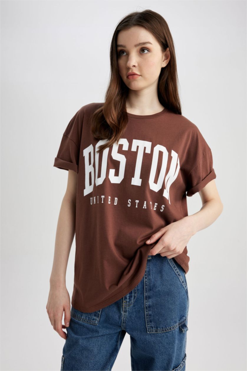 WOMAN Brown Oversize Crew Neck Printed Short Sleeve T-Shirt