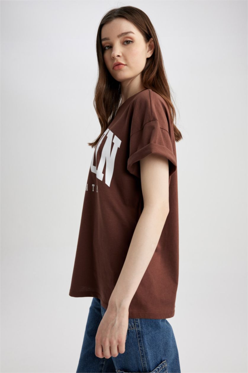 WOMAN Brown Oversize Crew Neck Printed Short Sleeve T-Shirt