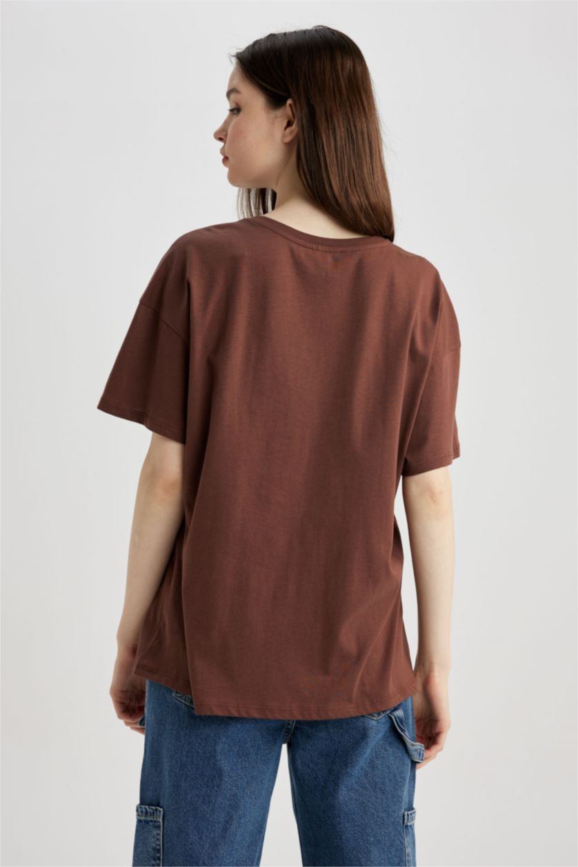 WOMAN Brown Oversize Crew Neck Printed Short Sleeve T-Shirt