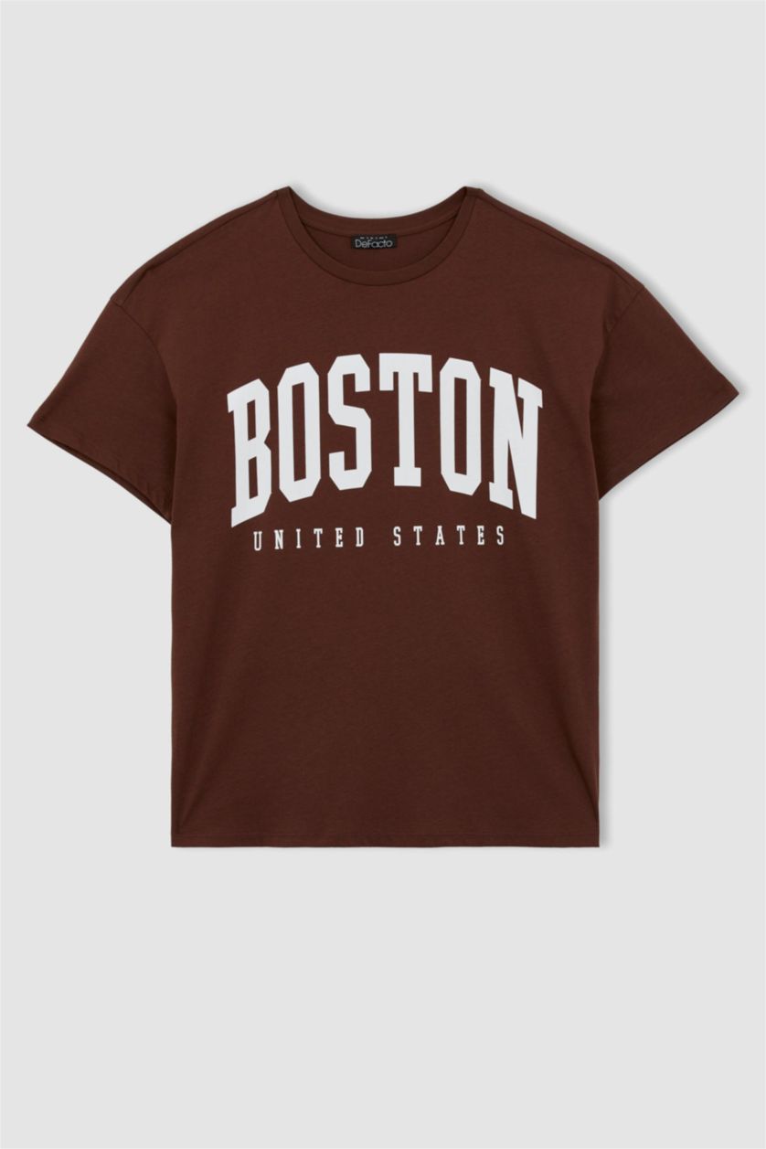 WOMAN Brown Oversize Crew Neck Printed Short Sleeve T-Shirt