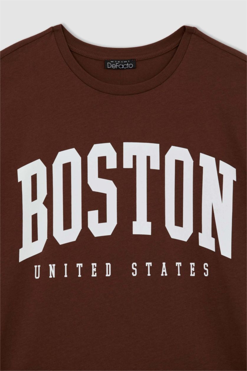 WOMAN Brown Oversize Crew Neck Printed Short Sleeve T-Shirt