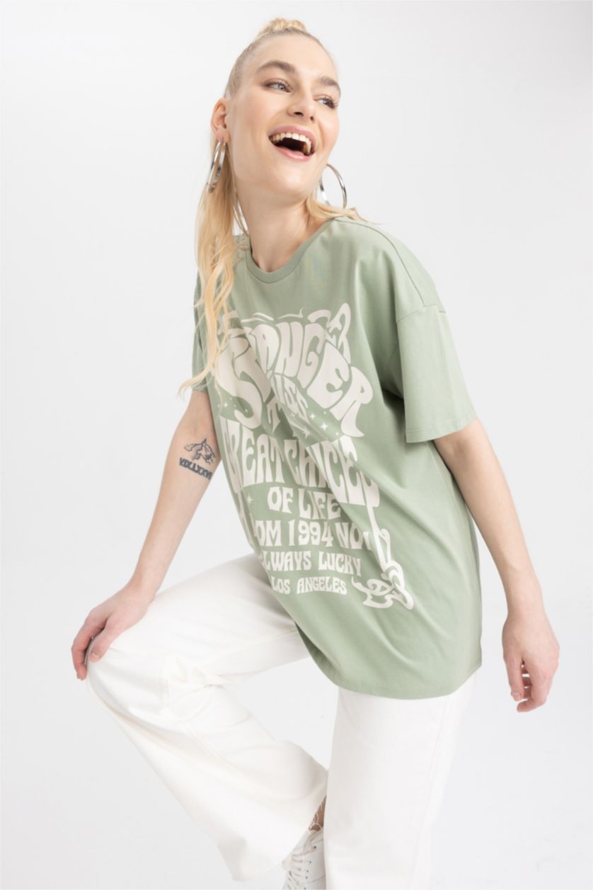 WOMAN Green Oversize Fit Crew Neck Printed Short Sleeve T-Shirt