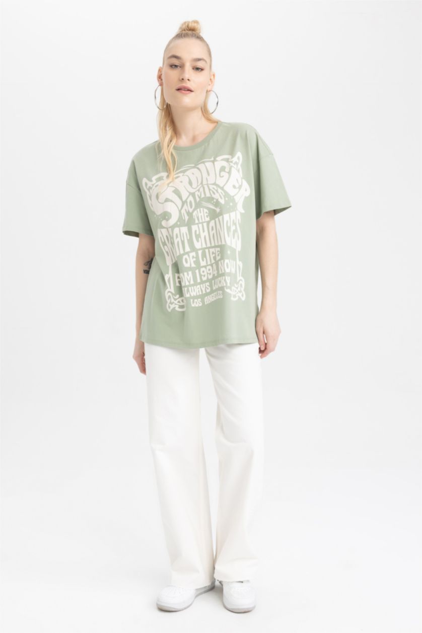 WOMAN Green Oversize Fit Crew Neck Printed Short Sleeve T-Shirt
