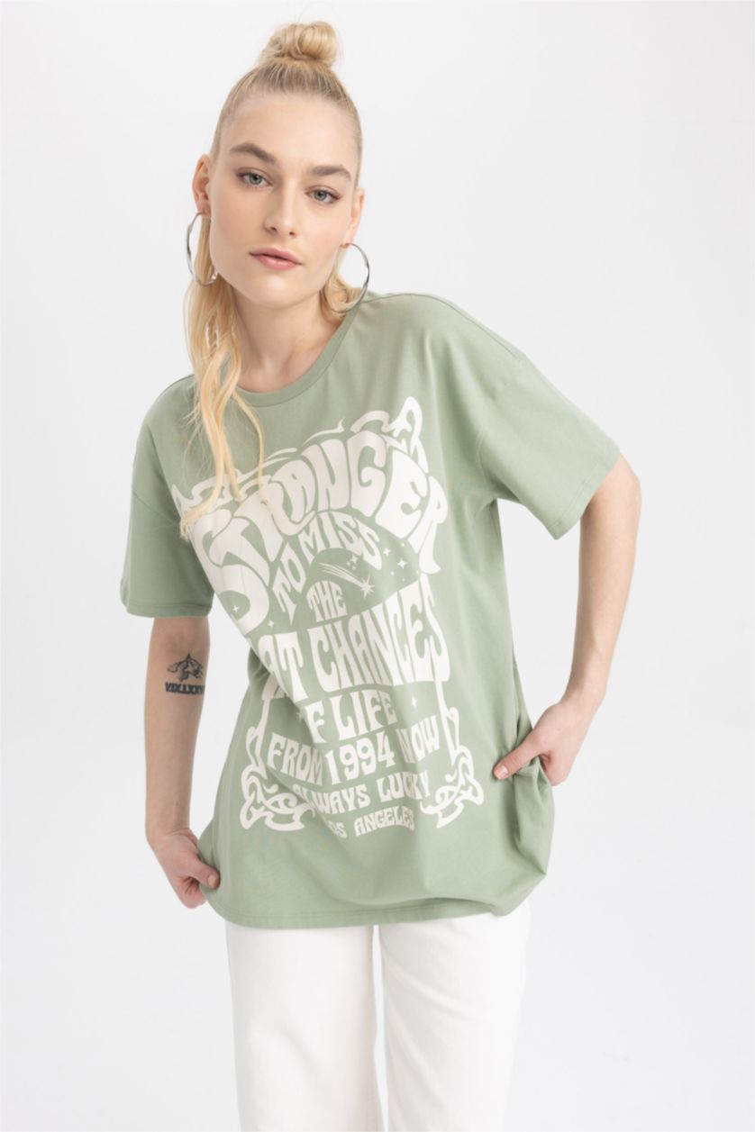WOMAN Green Oversize Fit Crew Neck Printed Short Sleeve T-Shirt
