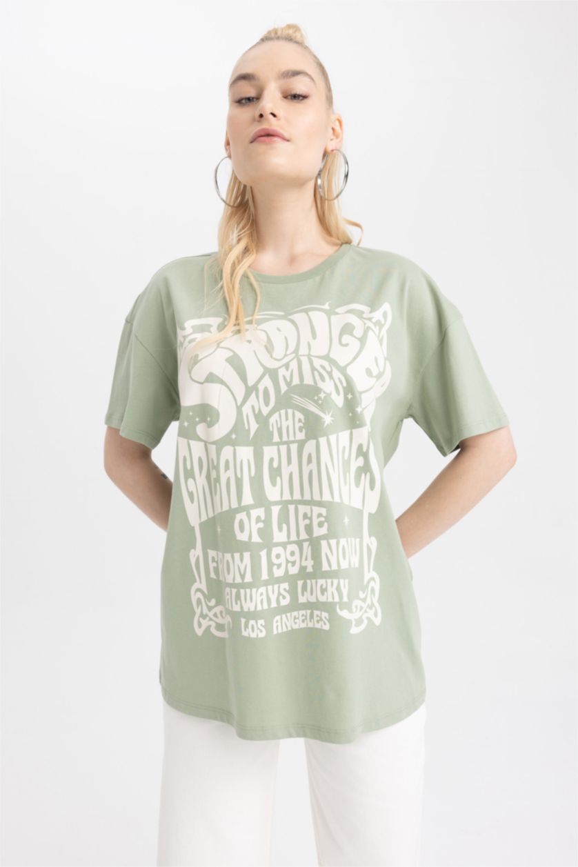 WOMAN Green Oversize Fit Crew Neck Printed Short Sleeve T-Shirt