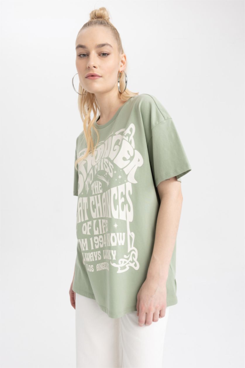 WOMAN Green Oversize Fit Crew Neck Printed Short Sleeve T-Shirt