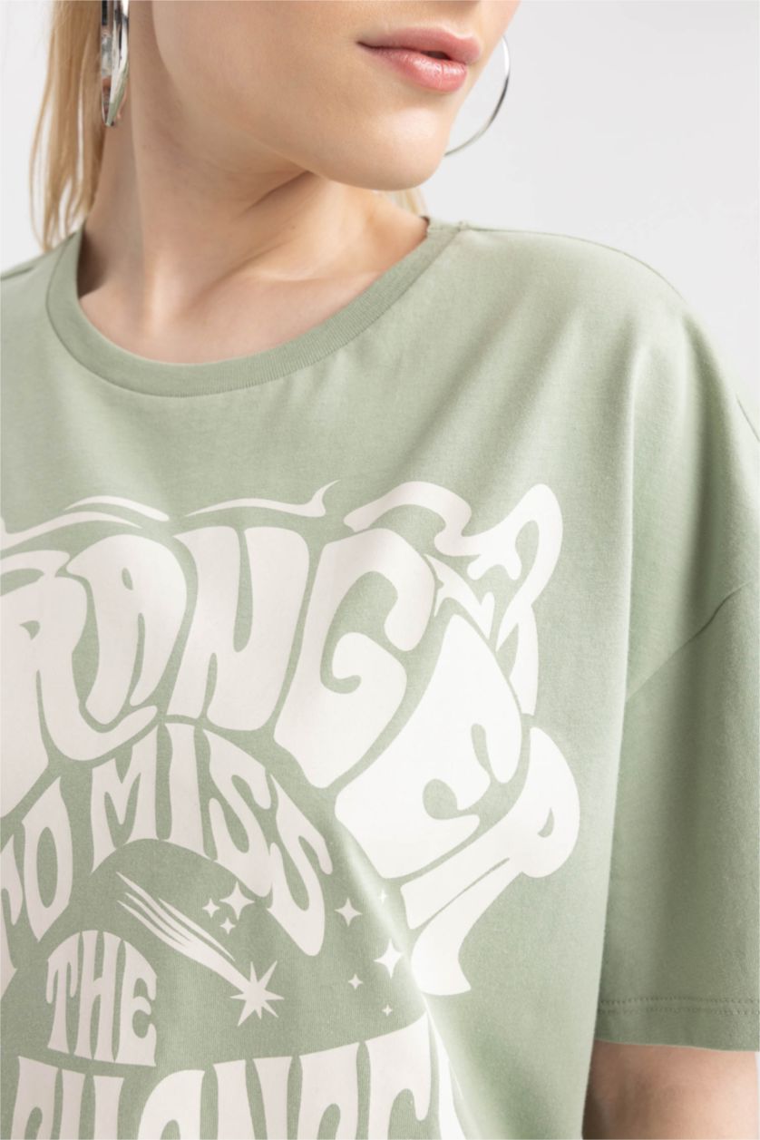 WOMAN Green Oversize Fit Crew Neck Printed Short Sleeve T-Shirt