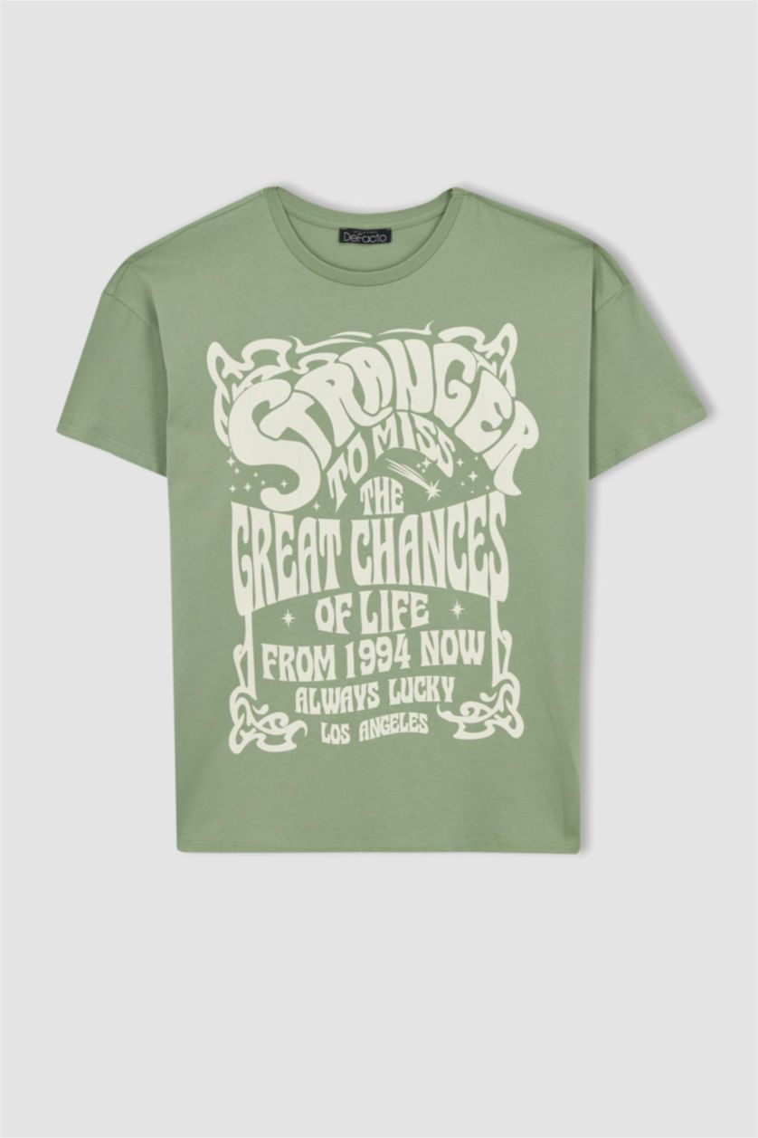WOMAN Green Oversize Fit Crew Neck Printed Short Sleeve T-Shirt