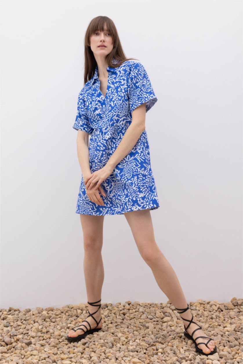 WOMAN Blue Shirt Collar Floral Terry Cotton Mini Short Sleeve Dress