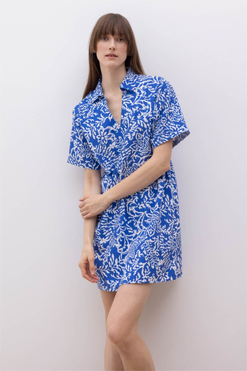 WOMAN Blue Shirt Collar Floral Terry Cotton Mini Short Sleeve Dress