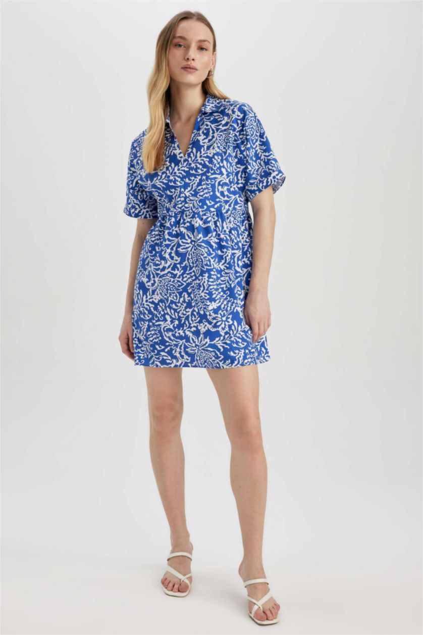 WOMAN Blue Shirt Collar Floral Terry Cotton Mini Short Sleeve Dress