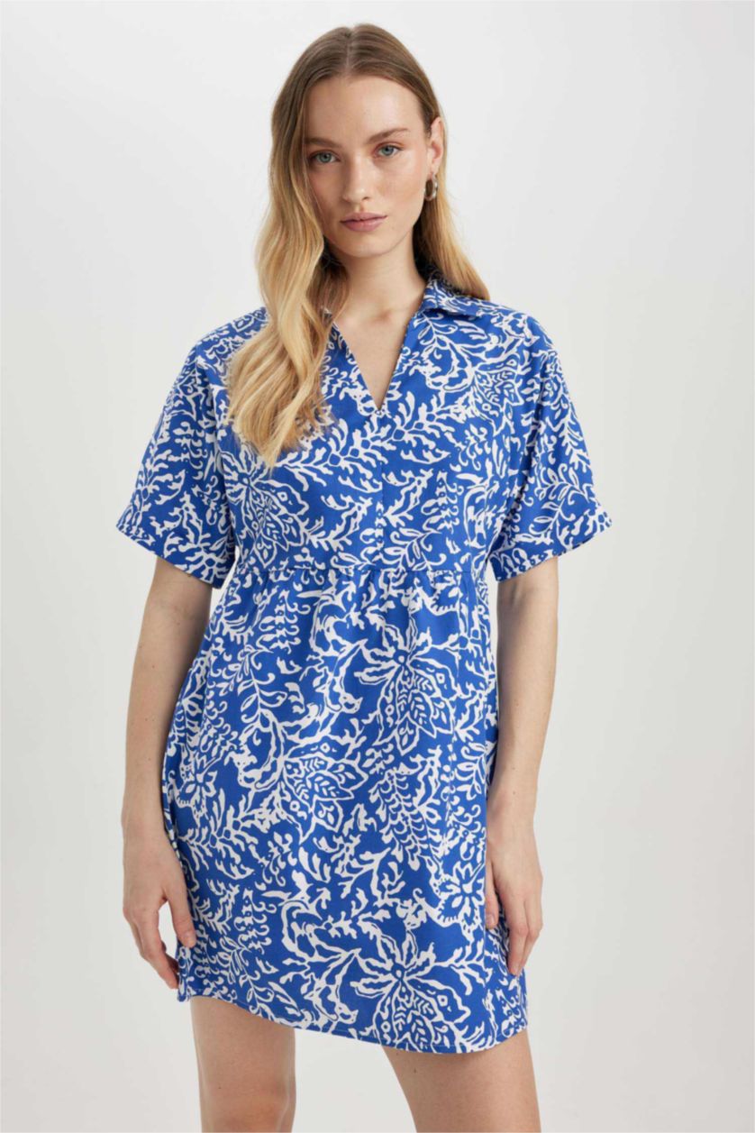 WOMAN Blue Shirt Collar Floral Terry Cotton Mini Short Sleeve Dress