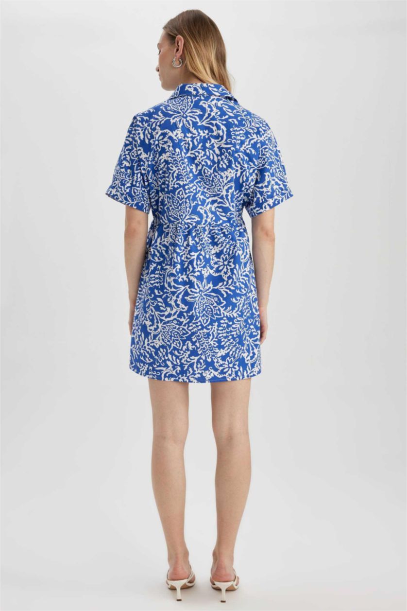 WOMAN Blue Shirt Collar Floral Terry Cotton Mini Short Sleeve Dress