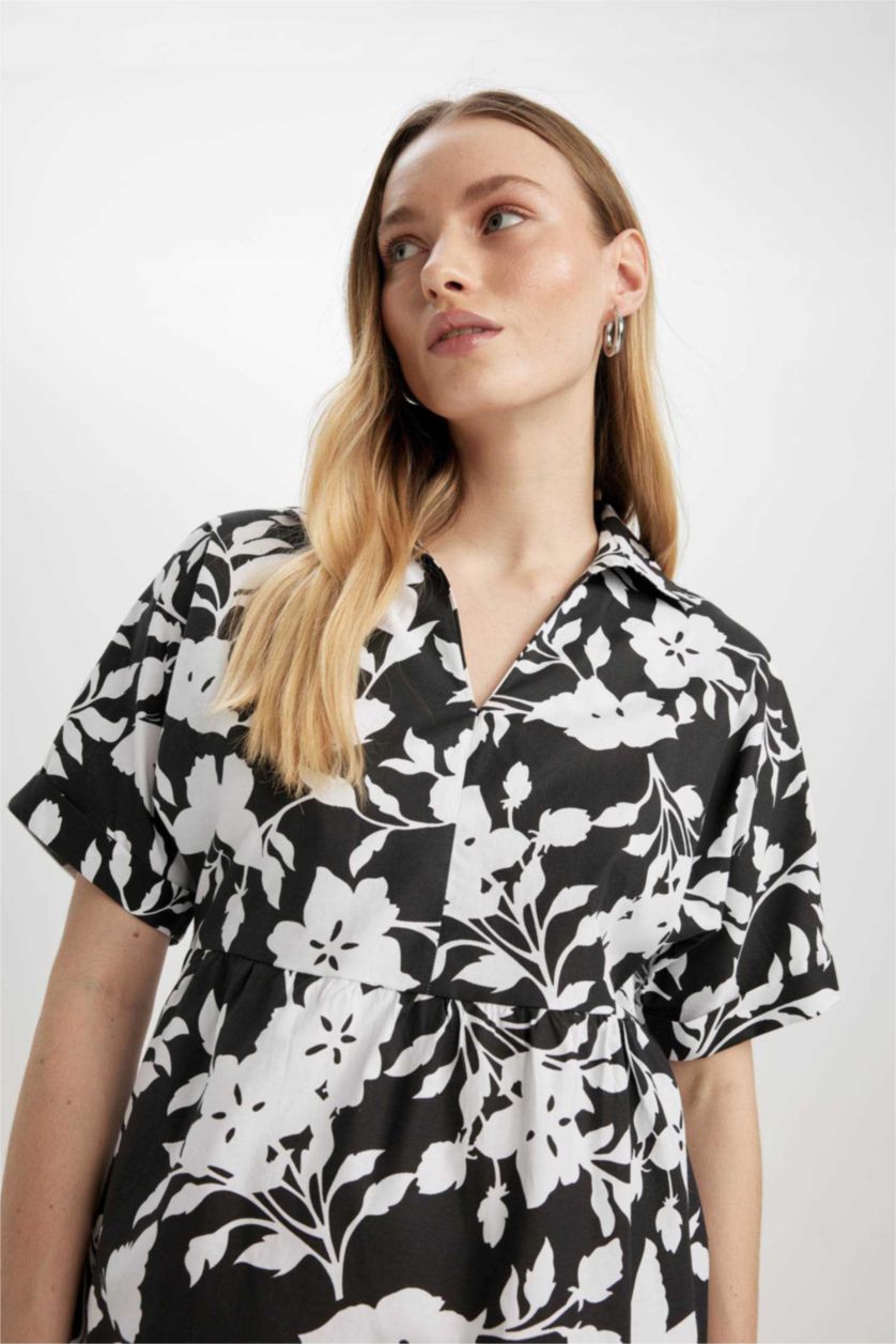 نساء أسود فستان قصير بنقشة الزهور بوبلين برقبة قميص