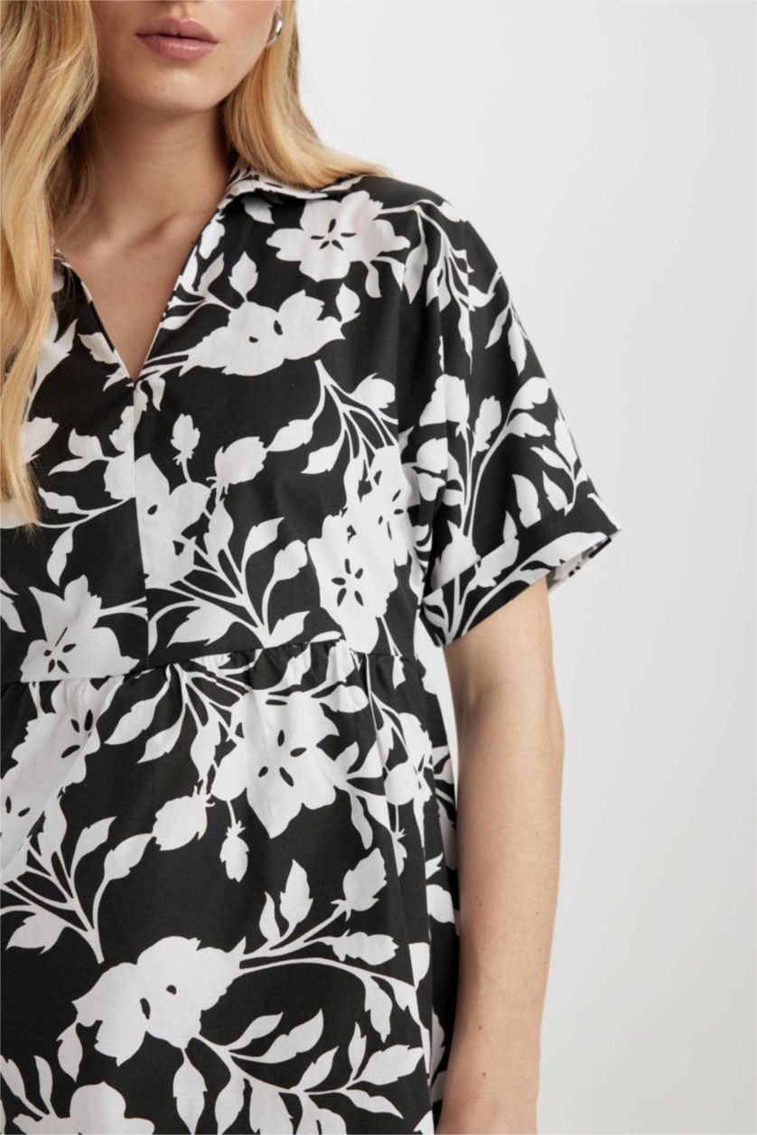 نساء أسود فستان قصير بنقشة الزهور بوبلين برقبة قميص