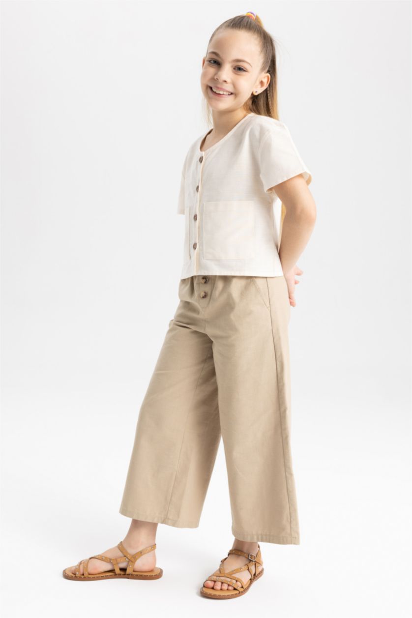 GIRLS & TEENS Light Beige بنطلون قطن وايد ليج