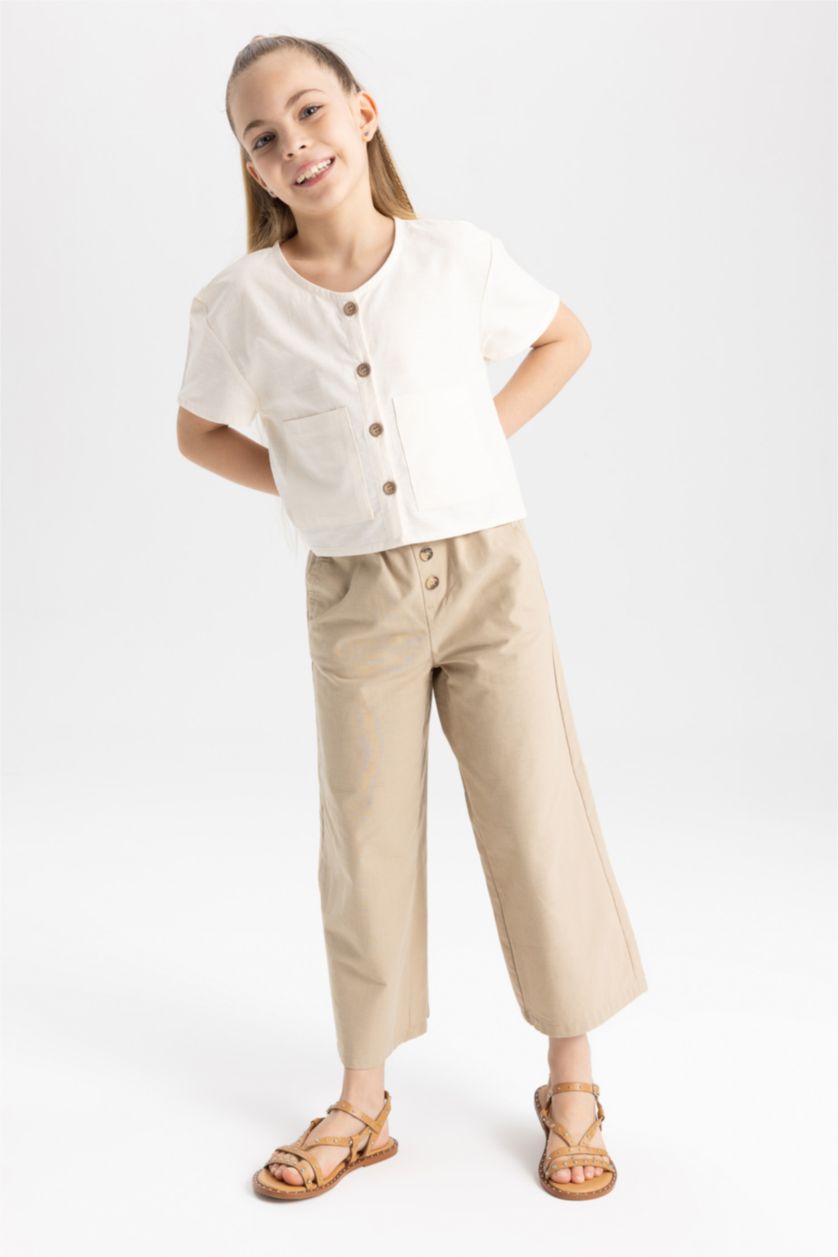 GIRLS & TEENS Light Beige بنطلون قطن وايد ليج