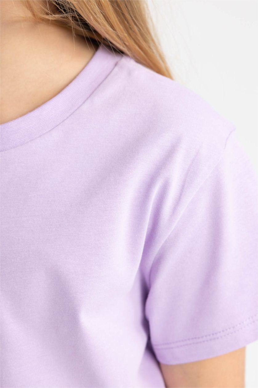 Kız Çocuk - Genç Kız Lila Kız Çocuk Bisiklet Yaka Basic Düz Kısa Kollu Tişört