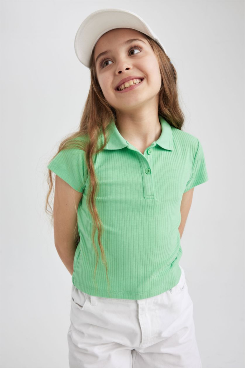 بنات أخضر تيشيرت بولو بناتي مضلع سليم فيت