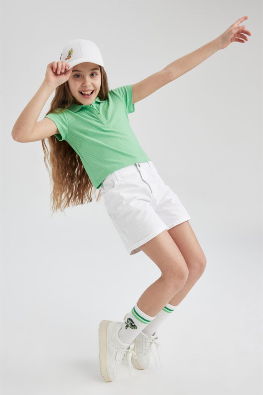 بنات أخضر تيشيرت بولو بناتي مضلع سليم فيت