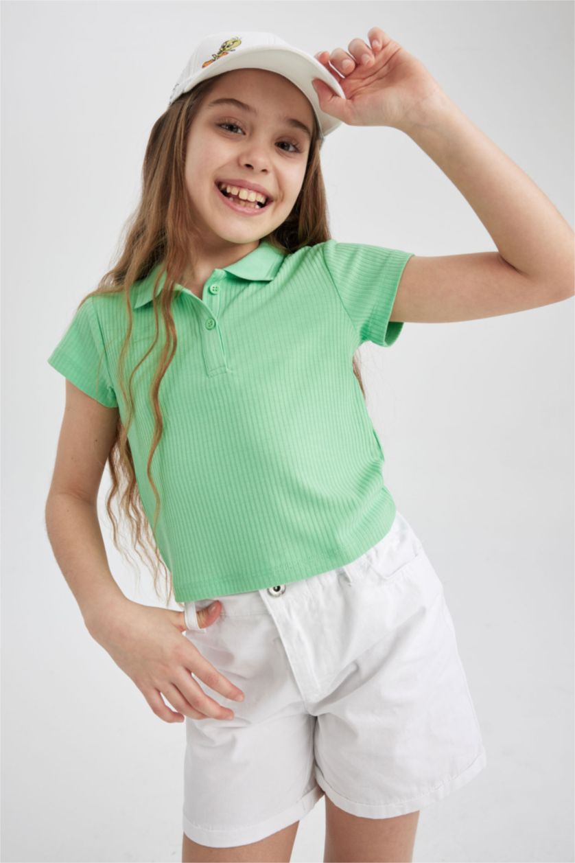 بنات أخضر تيشيرت بولو بناتي مضلع سليم فيت