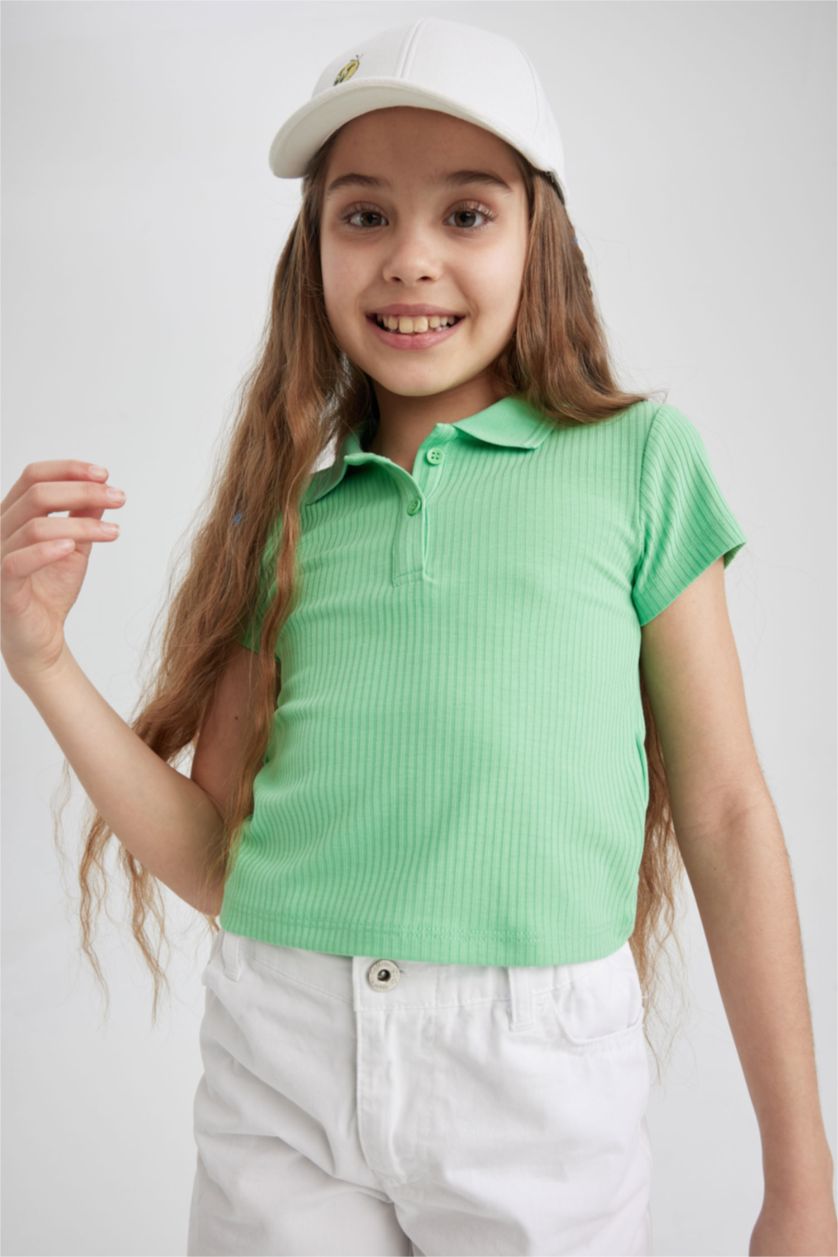 بنات أخضر تيشيرت بولو بناتي مضلع سليم فيت