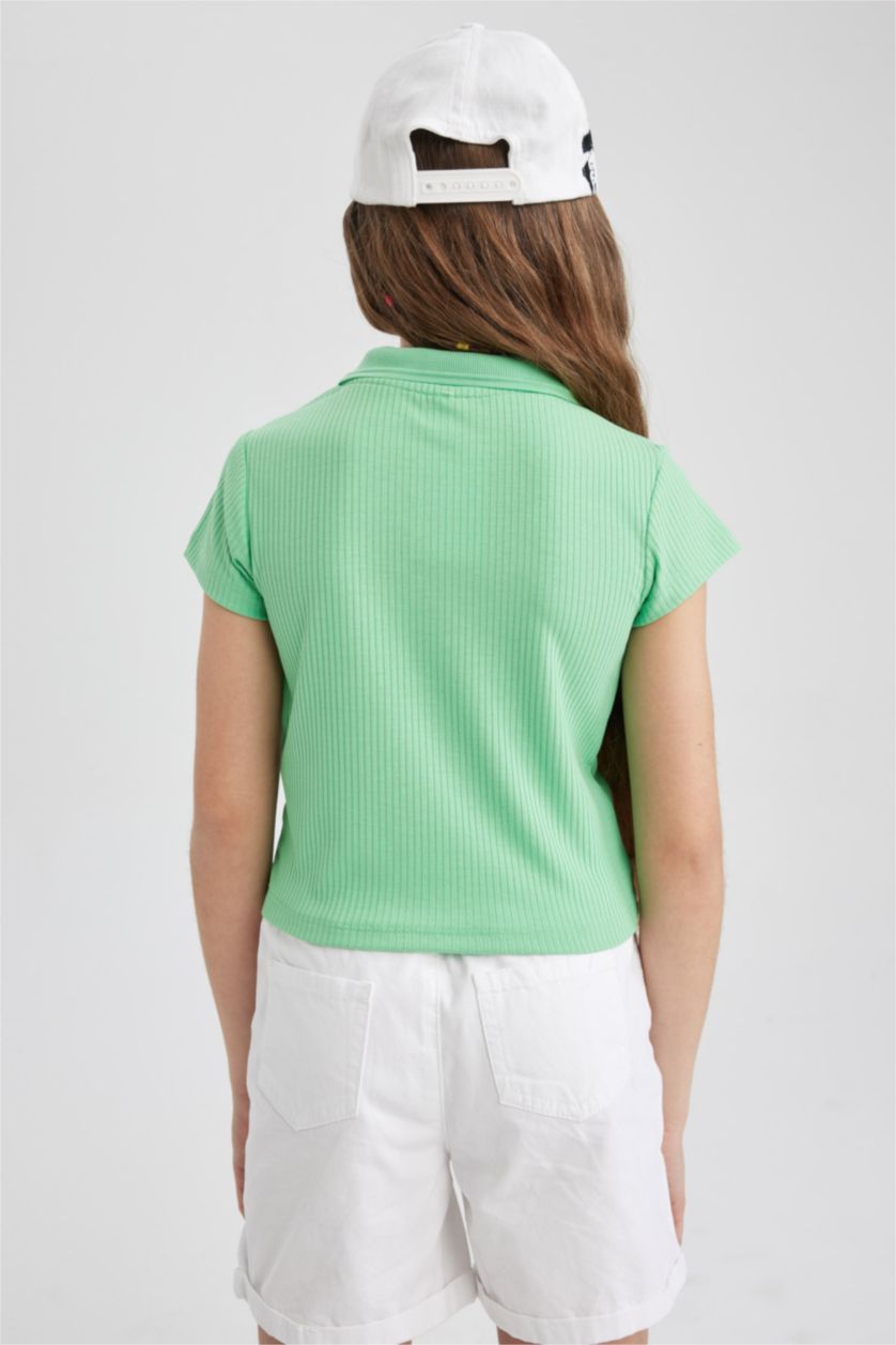 بنات أخضر تيشيرت بولو بناتي مضلع سليم فيت