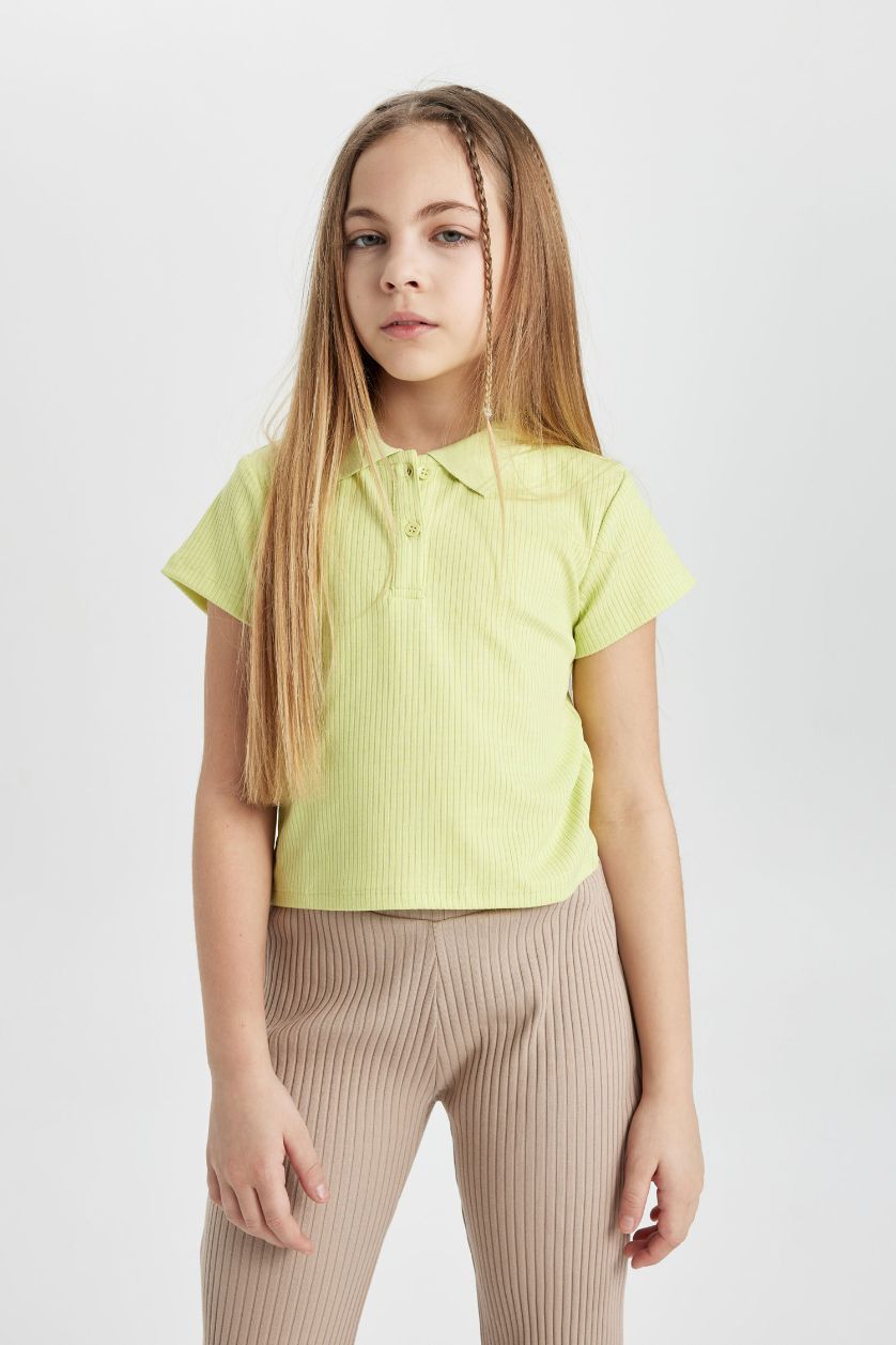 GIRLS & TEENS Light Green Girl Slim Fit Polo Neck Basic Ribbed Camisole Polo T-Shirt