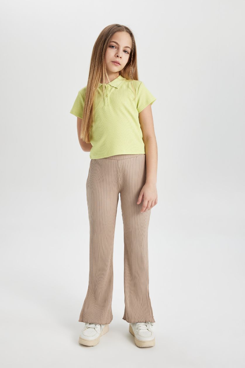 GIRLS & TEENS Light Green Girl Slim Fit Polo Neck Basic Ribbed Camisole Polo T-Shirt