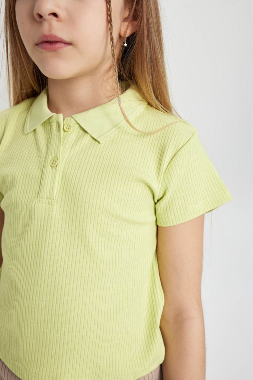 GIRLS & TEENS Light Green Girl Slim Fit Polo Neck Basic Ribbed Camisole Polo T-Shirt
