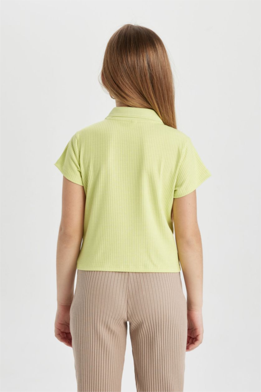 GIRLS & TEENS Light Green Girl Slim Fit Polo Neck Basic Ribbed Camisole Polo T-Shirt