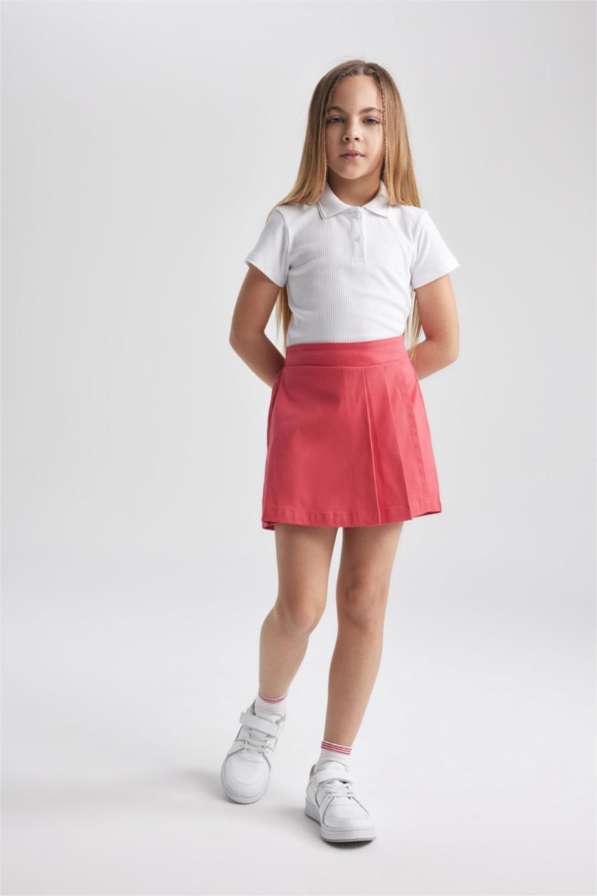 بنات أبيض تيشيرت بولو بناتي نص ردن مضلع سليم فيت