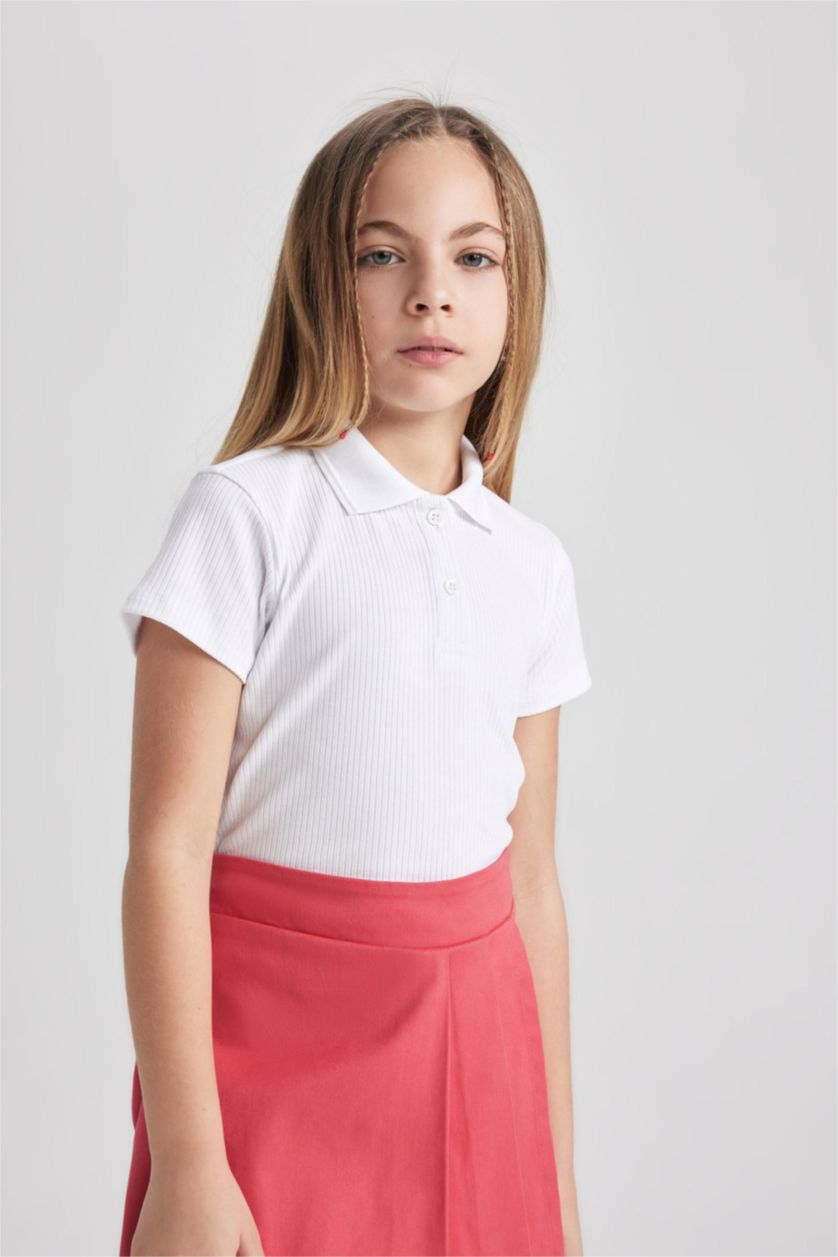 بنات أبيض تيشيرت بولو بناتي نص ردن مضلع سليم فيت