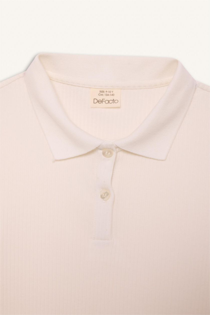 بنات أبيض تيشيرت بولو بناتي نص ردن مضلع سليم فيت